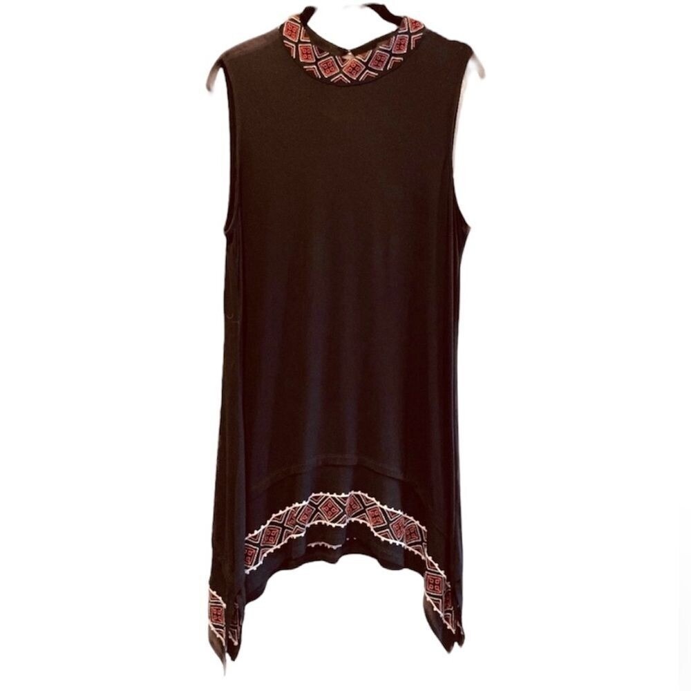 Cupio Tunic Black Boho Embroidered Sharkbite Hem Sleeveless‎ Womens XL
